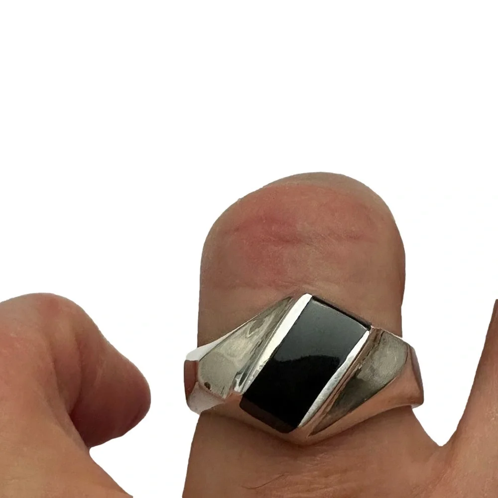 Men’s Sterling Silver Black Onyx Signet Ring Heavy 15g Modern Bold Design